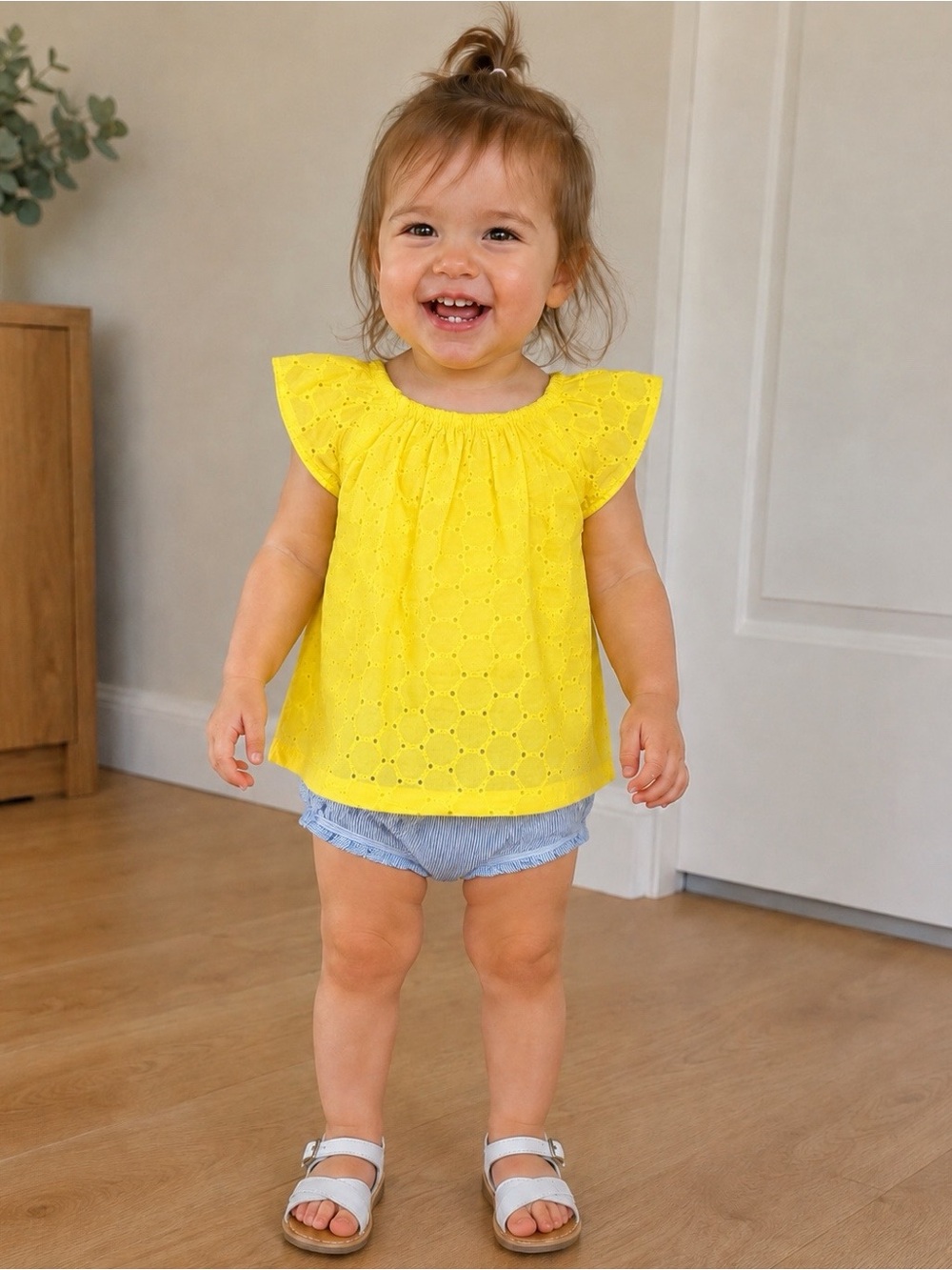 New Carter's Girls Yellow Eyelet Top & Blue Striped Bottom One Piece Size 24M